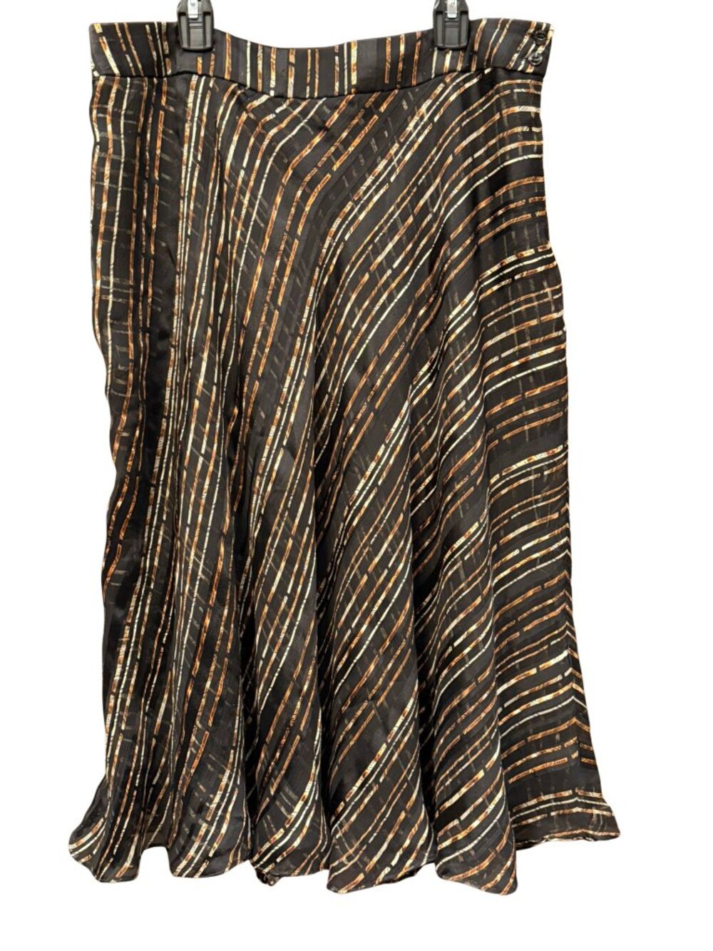 Jones New York Collection 100% Silk Midi Skirt 12 Black Copper Stripe A-Line